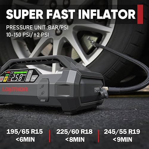 LOKITHOR PORTABLE CAR JUMP STARTER WITH AIR COMPRESSOR - 1500A 12V, 150 PSI TIRE INFLATOR, 24-MONTH STANDBY