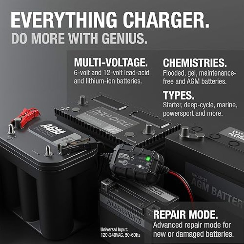 NOCO GENIUS5 5A SMART CAR BATTERY CHARGER FOR 6V/12V AUTOMOTIVE, MOTORCYCLE, ATV, LITHIUM & DEEP CYCLE BATTERIES