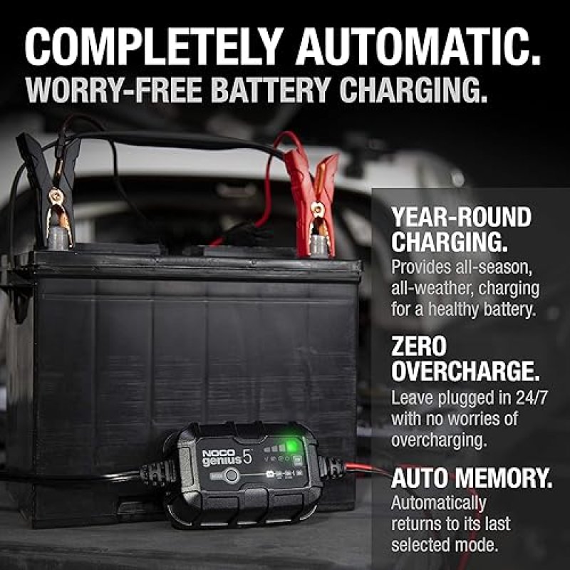 NOCO GENIUS5 5A SMART CAR BATTERY CHARGER FOR 6V/12V AUTOMOTIVE, MOTORCYCLE, ATV, LITHIUM & DEEP CYCLE BATTERIES