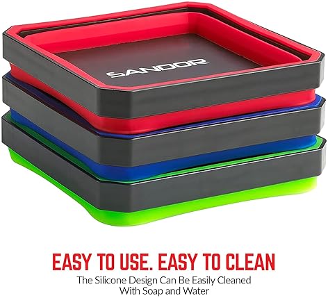 SANDOR SET OF 3 COLLAPSIBLE MAGNETIC PARTS TRAYS FOR SMALL METAL PARTS - 4.25 INCH SQUARE - RED/BLUE/GREEN
