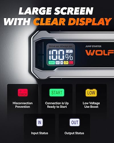 WOLFBOX 4000A JUMP STARTER WITH QUICK CHARGER, LED DISPLAY - 24000MAH BATTERY PACK FOR CARS & TRUCKS