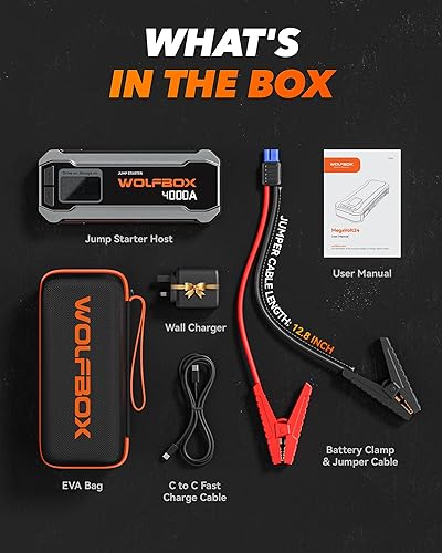 WOLFBOX 4000A JUMP STARTER WITH QUICK CHARGER, LED DISPLAY - 24000MAH BATTERY PACK FOR CARS & TRUCKS