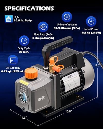 ORION MOTOR TECH 4CFM HVAC VACUUM PUMP KIT FOR AUTO AC, R12 R22 R134A R410A, RESIN DEGASSING, OIL INCLUDED