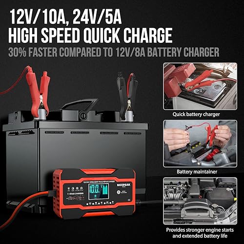 NEXPEAK NC201 SMART 10-AMP BATTERY CHARGER FOR CAR TRUCK BOAT, 12V 24V AUTOMATIC MAINTAINER W/ DESULFATOR & TEMP COMPENSATION