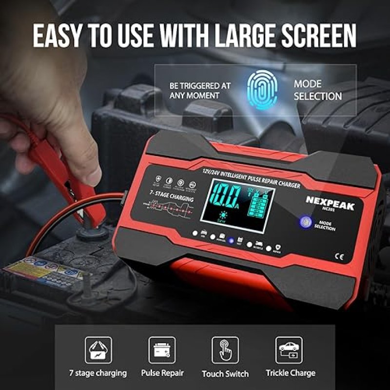 NEXPEAK NC201 SMART 10-AMP BATTERY CHARGER FOR CAR TRUCK BOAT, 12V 24V AUTOMATIC MAINTAINER W/ DESULFATOR & TEMP COMPENSATION