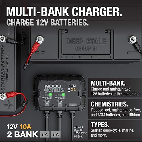NOCO GENIUS GEN5X2 SMART MARINE BATTERY CHARGER - 12V WATERPROOF CHARGER FOR AGM, LITHIUM, AND DEEP-CYCLE BATTERIES