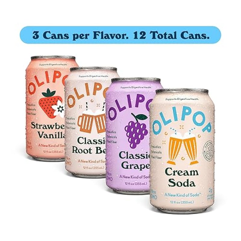 OLIPOP PREBIOTIC SODA FAVORITES VARIETY PANTRY PACK - GLUTEN-FREE, VEGAN, GMO-FREE 12OZ (12 CANS)