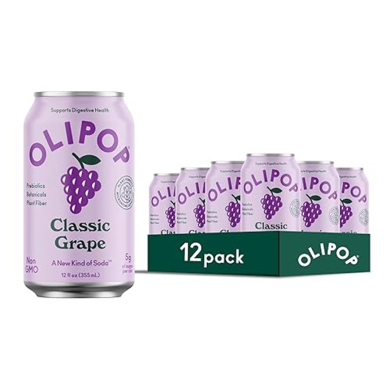 OLIPOP CLASSIC GRAPE PREBIOTIC SODA, PANTRY PACK WITH FIBER & BOTANICALS, GLUTEN-FREE, VEGAN, 12OZ (12-CANS)