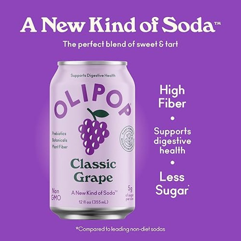 OLIPOP CLASSIC GRAPE PREBIOTIC SODA, PANTRY PACK WITH FIBER & BOTANICALS, GLUTEN-FREE, VEGAN, 12OZ (12-CANS)
