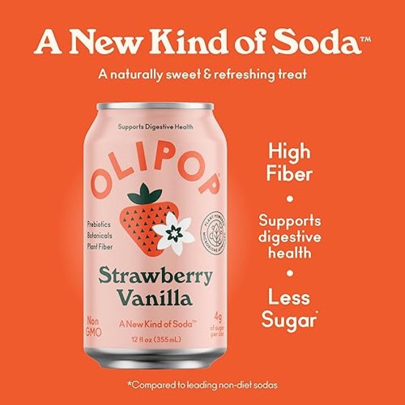 OLIPOP PREBIOTIC SODA, 12OZ (12-CANS), GLUTEN-FREE, VEGAN, GMO-FREE STRAWBERRY VANILLA