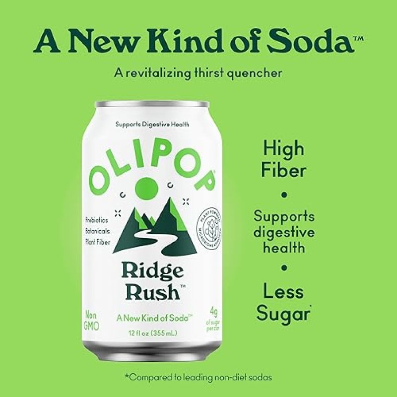 OLIPOP RIDGE RUSH PREBIOTIC SODA - PREBIOTICS, FIBER, BOTANICALS - GLUTEN-FREE, VEGAN, GMO-FREE - 12OZ (12 CANS)