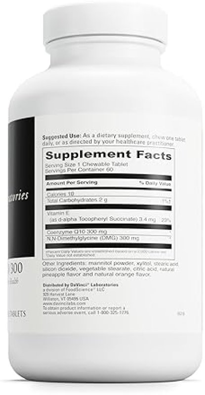 DAVINCI LABS COQ10 - DMG 300/300 CHEWABLE TABLETS - HEART HEALTH & ENERGY SUPPORT - COQ10 & VITAMIN E - VEGETARIAN - GLUTEN-FREE