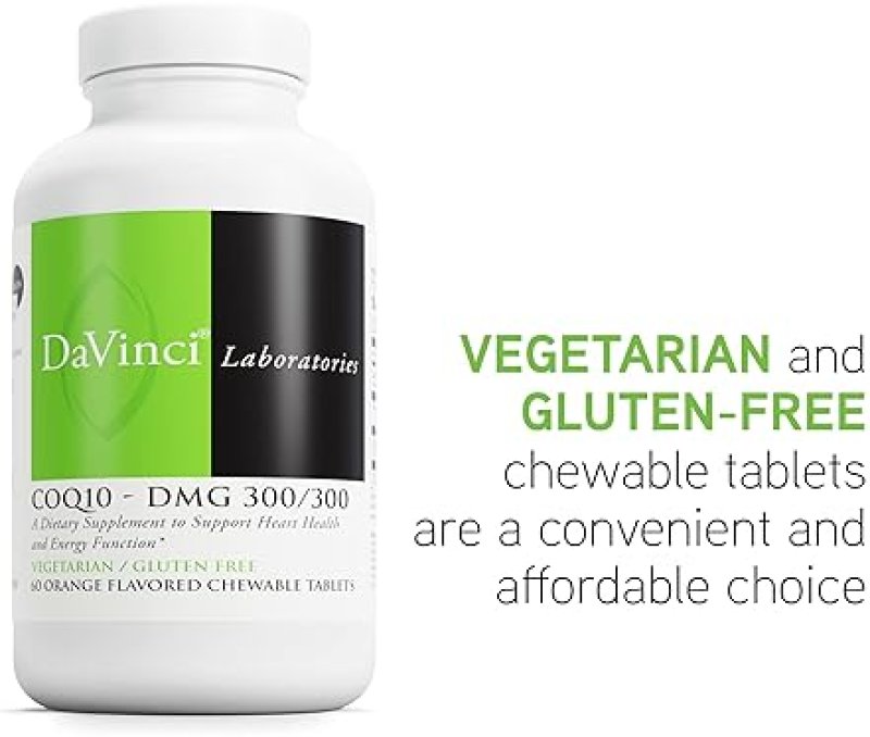 DAVINCI LABS COQ10 - DMG 300/300 CHEWABLE TABLETS - HEART HEALTH & ENERGY SUPPORT - COQ10 & VITAMIN E - VEGETARIAN - GLUTEN-FREE
