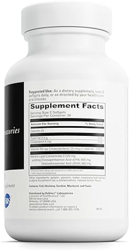 DAVINCI LABS OMEGA 3 HP-D DIETARY SUPPLEMENT FOR IMMUNE, JOINT, CARDIO & SKIN HEALTH - WITH VITAMIN D3 - GLUTEN-FREE - 60 SOFTGELS