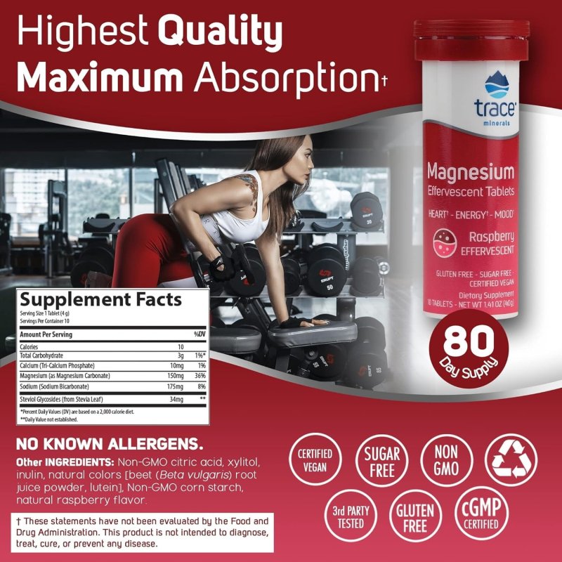 TRACE MINERALS RASPBERRY FLAVORED MAGNESIUM EFFERVESCENT TABLETS | 150MG PER SERVING | 80 TABLETS