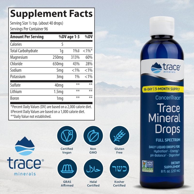 TRACE MINERALS CONCENTRACE DROPS: IONIC LIQUID MINERALS FOR ENERGY & HYDRATION | MAGNESIUM, CHLORIDE, POTASSIUM | LOW SODIUM | 24-DAY SUPPLY | 2 FL OZ