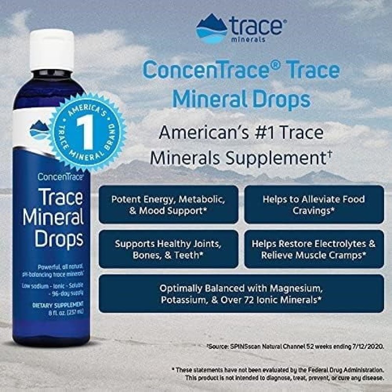 TRACE MINERALS CONCENTRACE DROPS: IONIC LIQUID MINERALS FOR ENERGY & HYDRATION | MAGNESIUM, CHLORIDE, POTASSIUM | LOW SODIUM | 24-DAY SUPPLY | 2 FL OZ