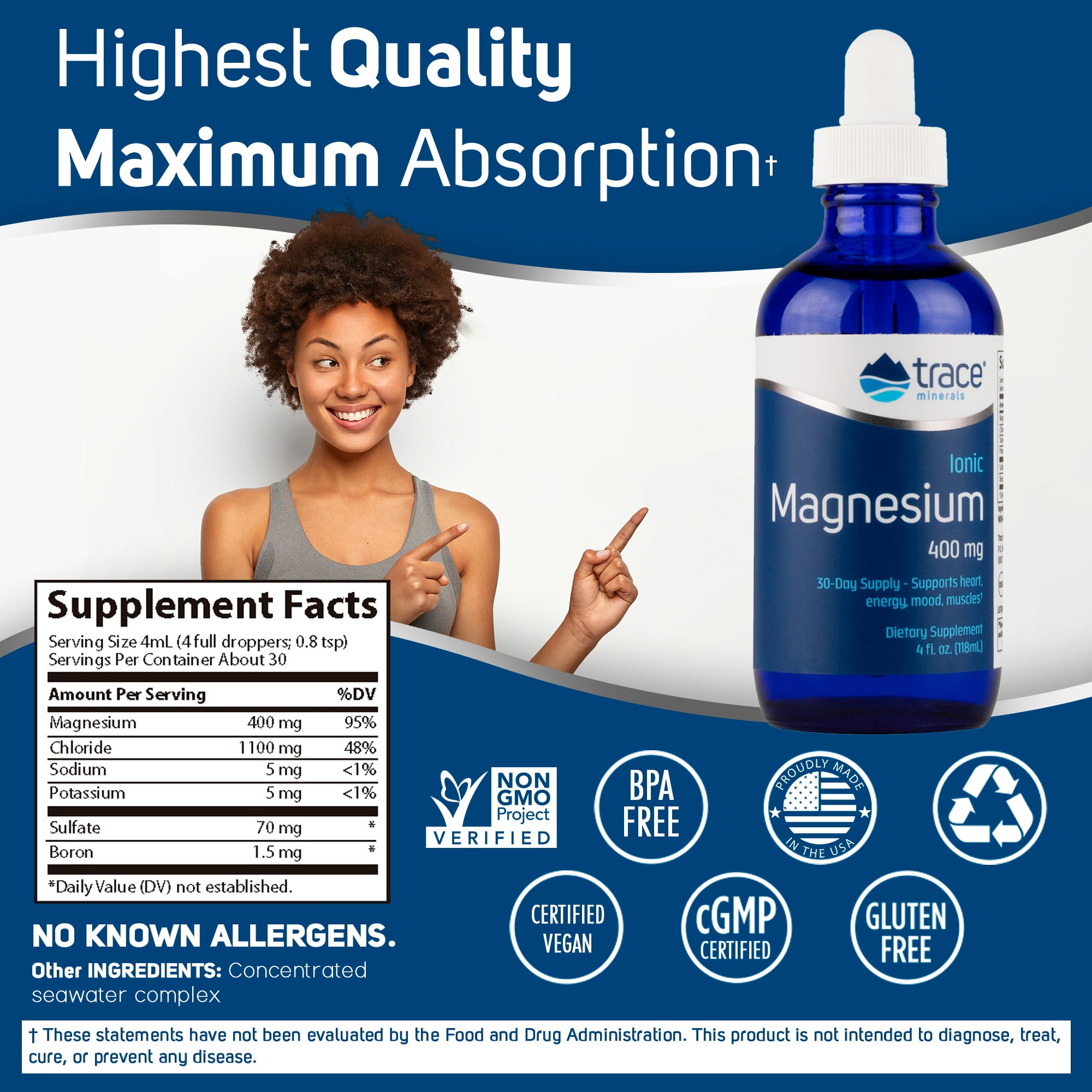 TRACE MINERALS LIQUID IONIC MAGNESIUM 400MG | TRACE MINERALS | SUPPORTS ESSENTIAL BODY FUNCTIONS | 4 FL OZ