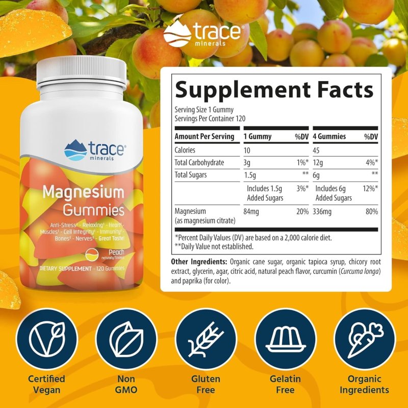 TRACE MINERALS MAGNESIUM CITRATE GUMMIES | NATURAL SLEEP & MUSCLE SUPPORT | LOW SUGAR | 120CT | PEACH FLAVOR