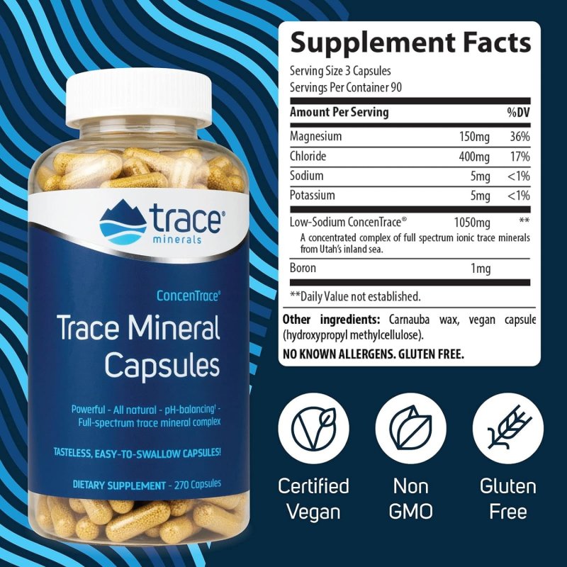 TRACE MINERALS CONCENTRACE LOW-SODIUM CAPSULES | DAILY MAGNESIUM & POTASSIUM SUPPLEMENT | FULL SPECTRUM ELECTROLYTES | VEGAN | NON GMO | GLUTEN FREE | 270 CAPS