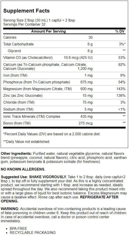 TRACE MINERALS LIQUID CAL/MAG/ZINC SUPPLEMENT | SUPPORTS TISSUE, MUSCLE, BONE DENSITY | PIñA COLADA FLAVOR | 64 SERVINGS, 32 FL OZ