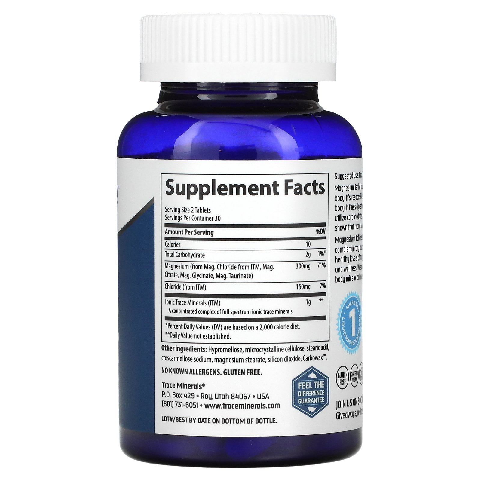TRACE MINERALS MAGNESIUM TABLETS FOR CELLULAR, MUSCLE, IMMUNE & BONE HEALTH - UNFLAVORED 60 TABS 300MG