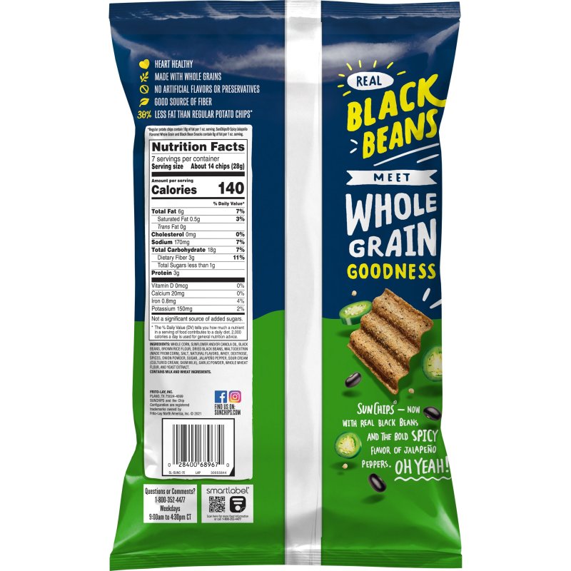 SUNCHIPS BLACK BEAN SPICY JALAPENO WHOLE GRAIN SNACKS - 7 OZ