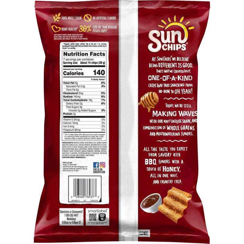 SUNCHIPS HONEY BBQ WHOLE GRAIN SNACK CHIPS, 7 OZ BAG, PACK OF 3