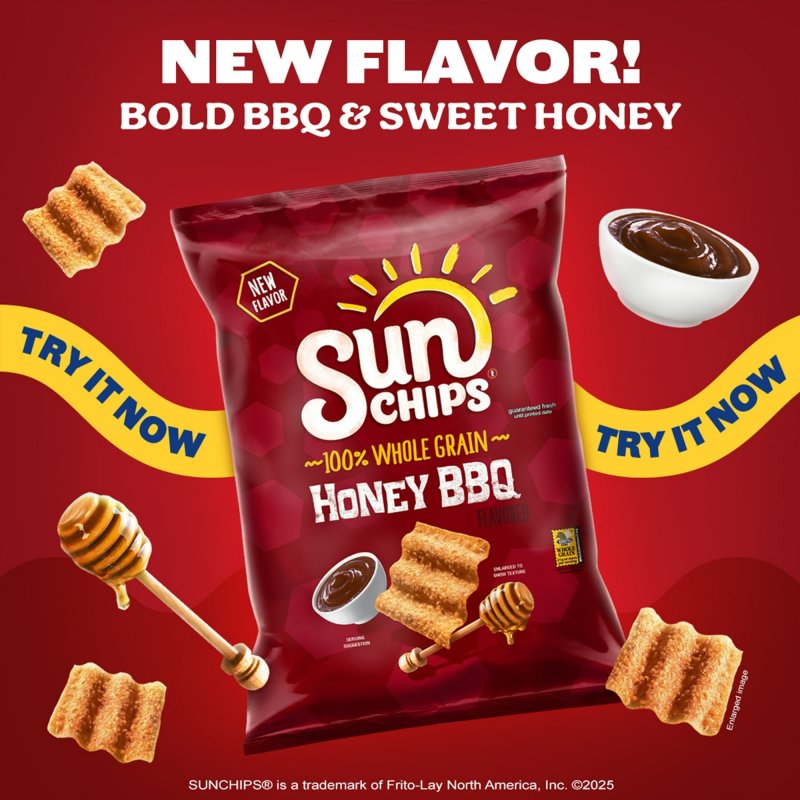 SUNCHIPS HONEY BBQ WHOLE GRAIN SNACK CHIPS, 7 OZ BAG, PACK OF 3