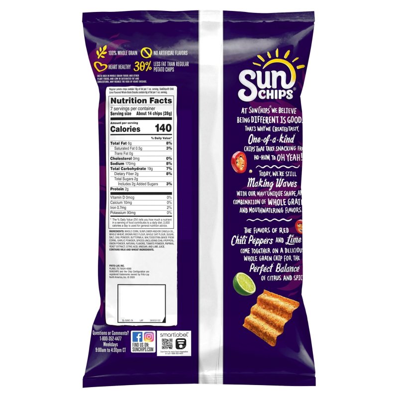 SUNCHIPS CHILI LIME SUNCHIPS WHOLE GRAIN SNACKS 7 OZ - PACK OF 2