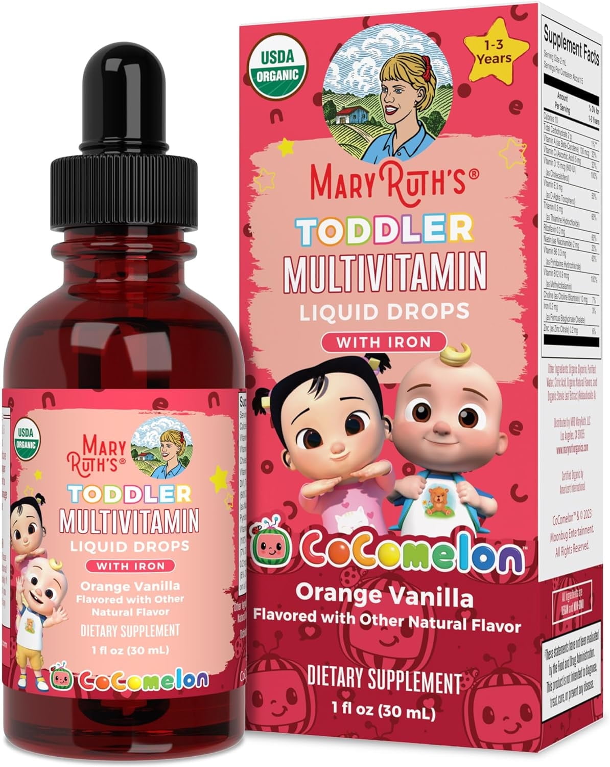MARYRUTH'S ORGANIC COCOMELON TODDLER MULTIVITAMIN WITH IRON | IMMUNE SUPPORT | USDA ORGANIC | VEGAN | 1 FL OZ
