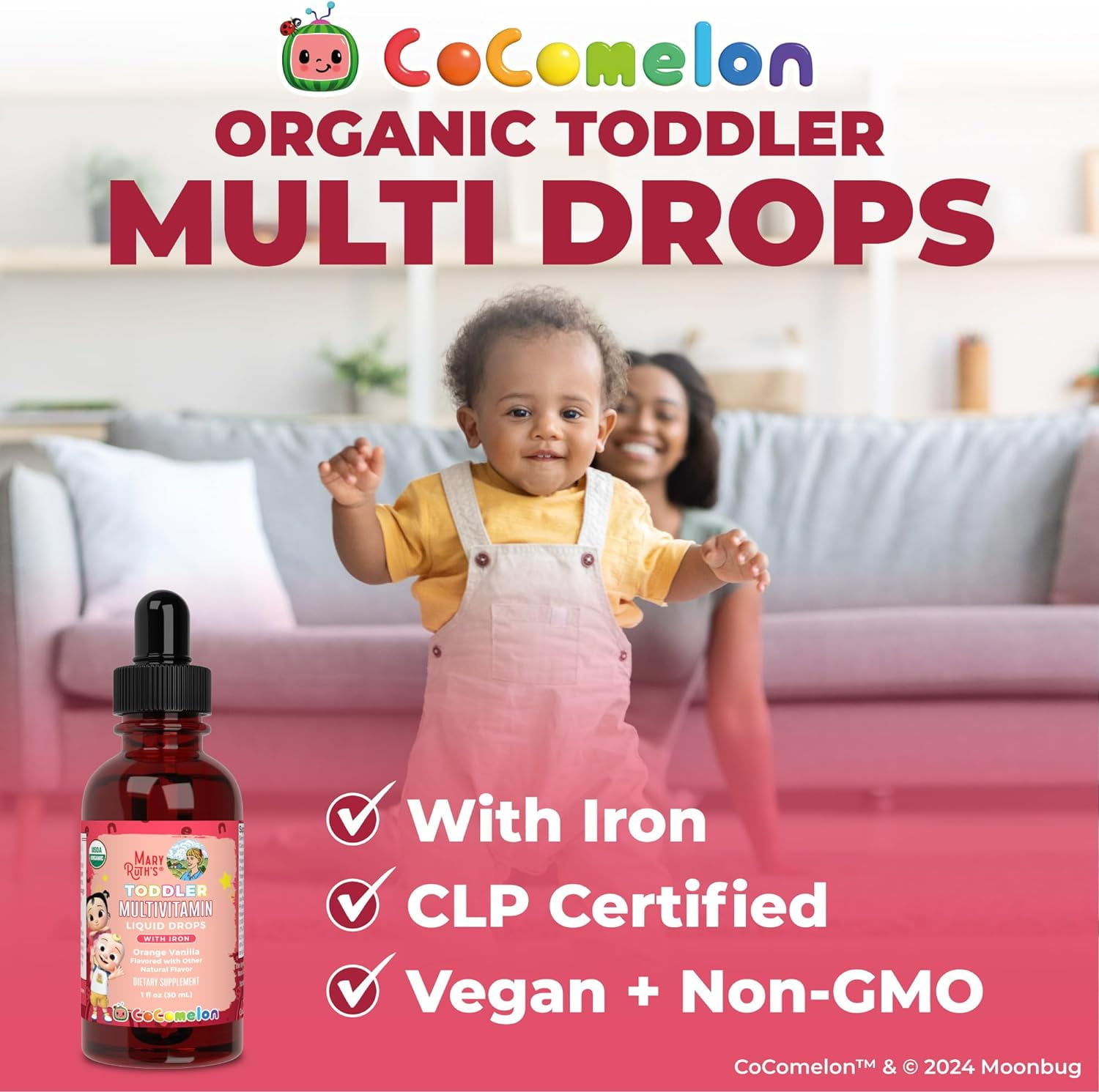 MARYRUTH'S ORGANIC COCOMELON TODDLER MULTIVITAMIN WITH IRON | IMMUNE SUPPORT | USDA ORGANIC | VEGAN | 1 FL OZ
