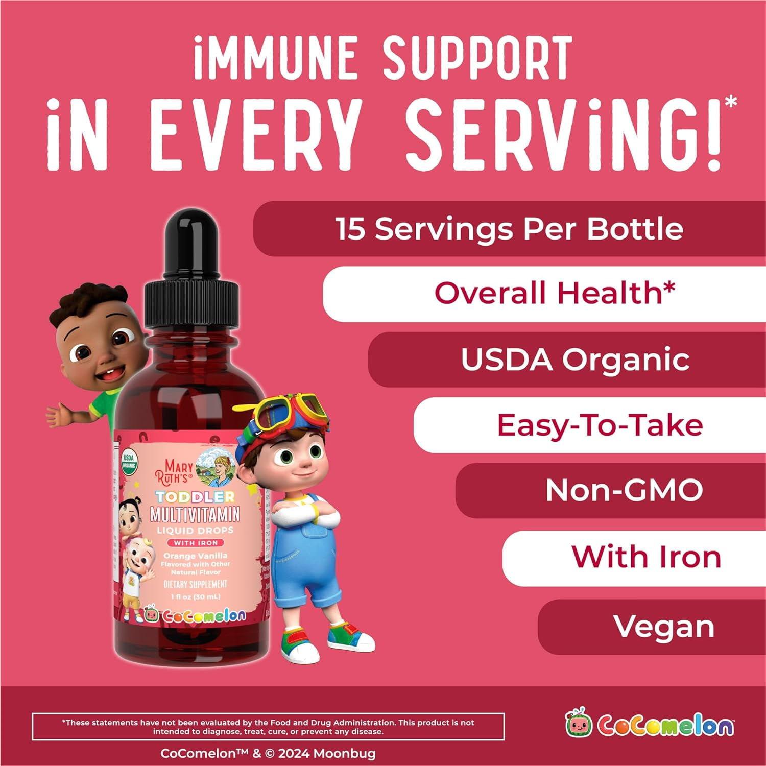 MARYRUTH'S ORGANIC COCOMELON TODDLER MULTIVITAMIN WITH IRON | IMMUNE SUPPORT | USDA ORGANIC | VEGAN | 1 FL OZ