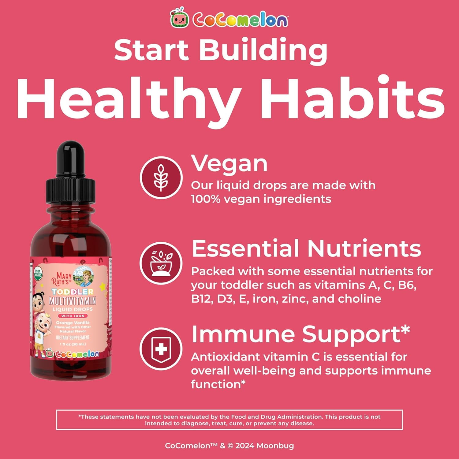 MARYRUTH'S ORGANIC COCOMELON TODDLER MULTIVITAMIN WITH IRON | IMMUNE SUPPORT | USDA ORGANIC | VEGAN | 1 FL OZ