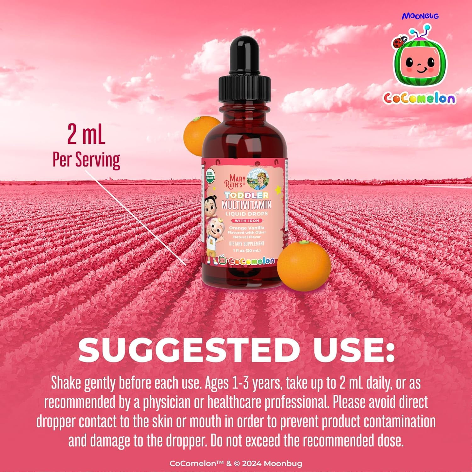 MARYRUTH'S ORGANIC COCOMELON TODDLER MULTIVITAMIN WITH IRON | IMMUNE SUPPORT | USDA ORGANIC | VEGAN | 1 FL OZ