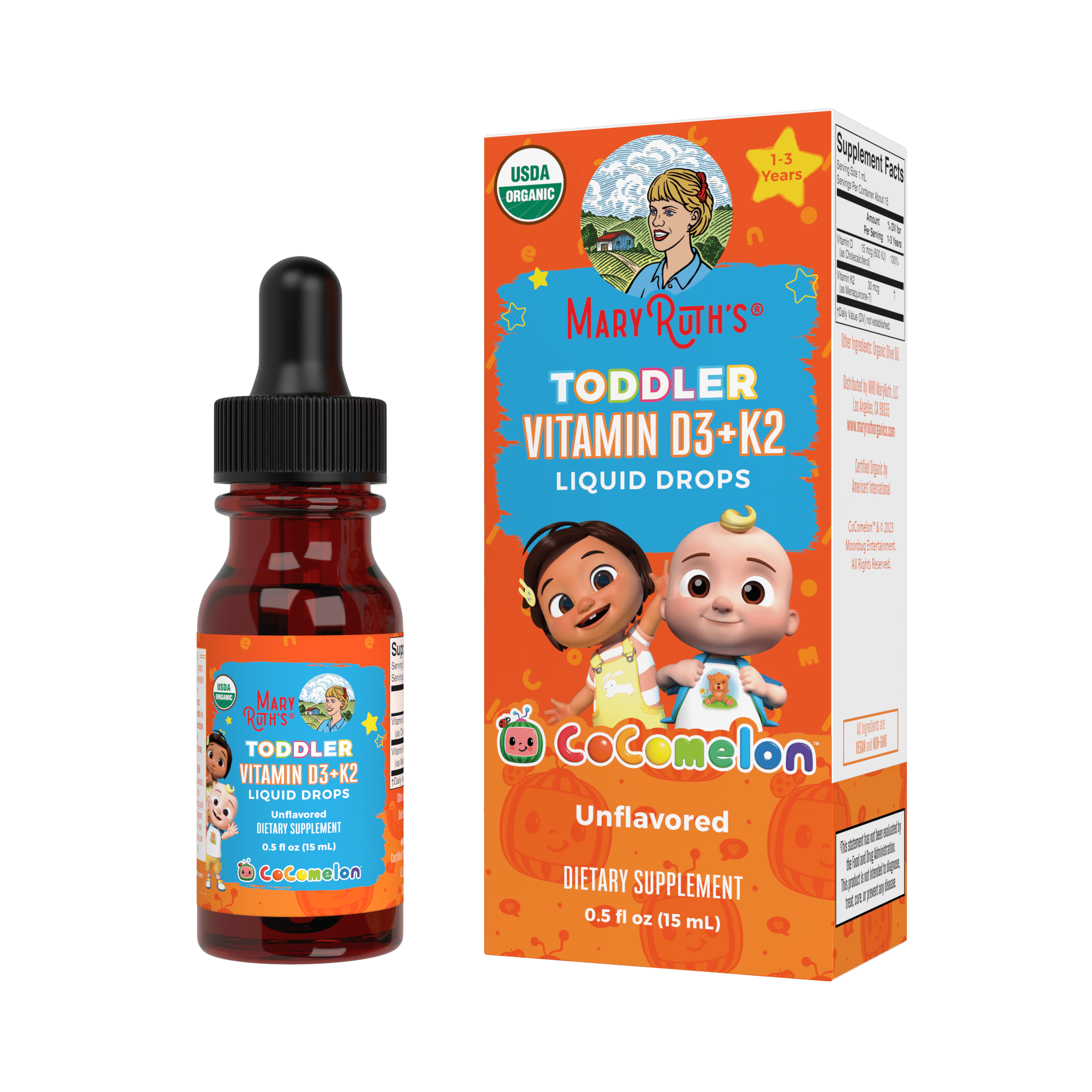 MARYRUTH'S ORGANIC COCOMELON TODDLER VITAMIN D3+K2 LIQUID DROPS BY MARYRUTH - 0.5 FL OZ
