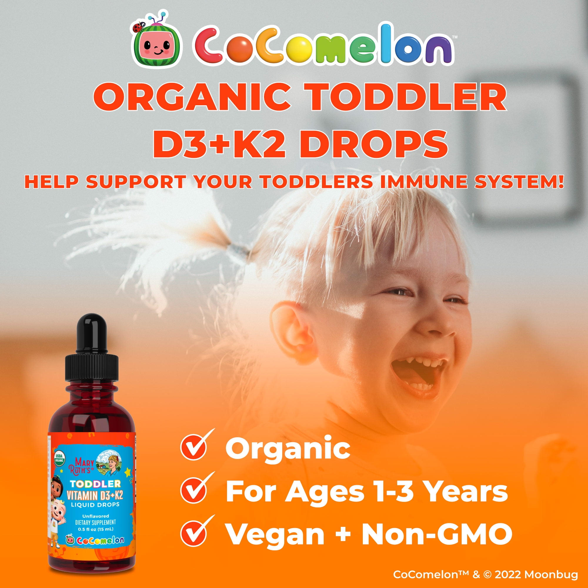MARYRUTH'S ORGANIC COCOMELON TODDLER VITAMIN D3+K2 LIQUID DROPS BY MARYRUTH - 0.5 FL OZ