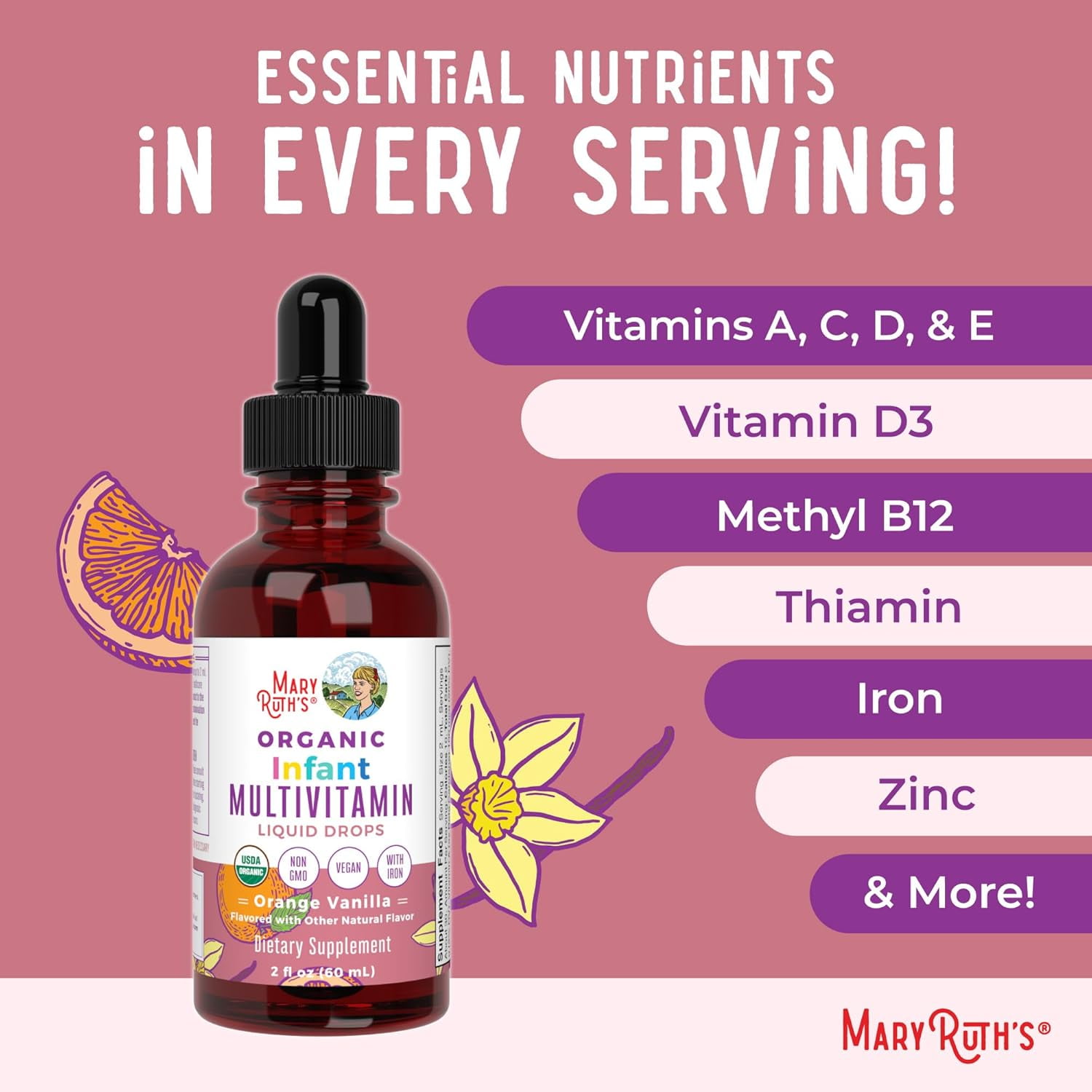 MARYRUTH'S INFANT MULTIVITAMIN LIQUID DROPS - VITAMIN A, C, D, ZINC, VEGAN, NON-GMO - 2 FL OZ