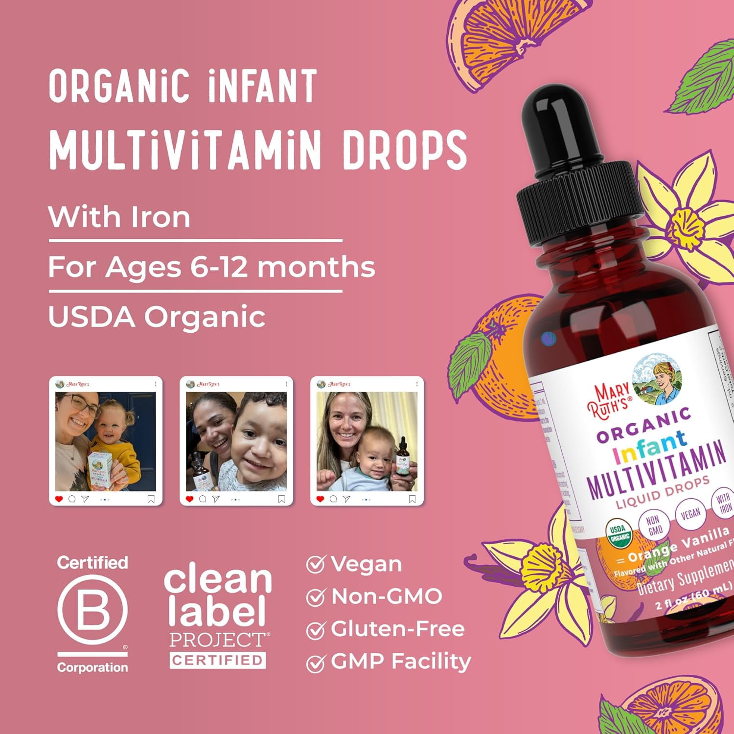 MARYRUTH'S INFANT MULTIVITAMIN LIQUID DROPS - VITAMIN A, C, D, ZINC, VEGAN, NON-GMO - 2 FL OZ