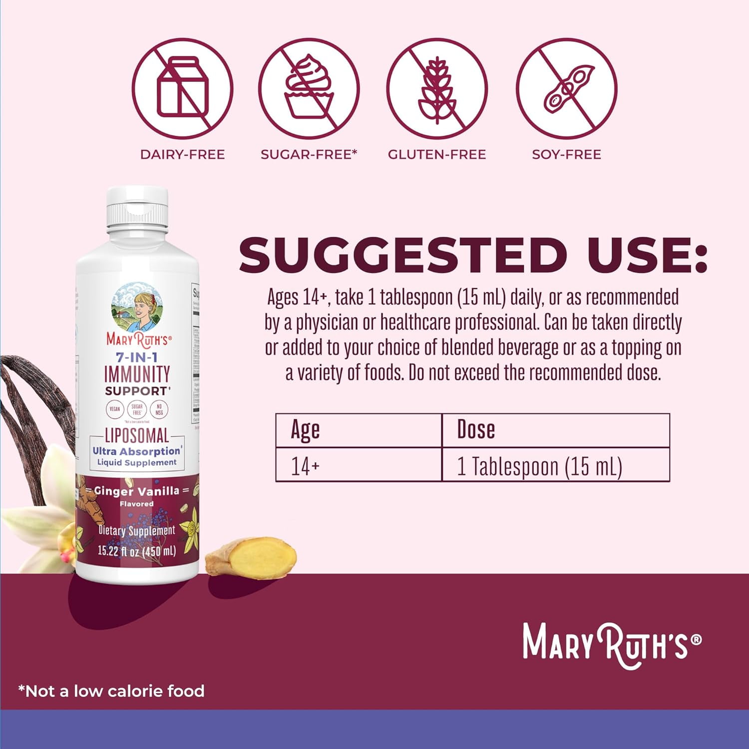 MARYRUTH'S IMMUNITY SUPPORT BLEND: VITAMIN C, D3, E, ZINC, ELDERBERRY, ECHINACEA, GINGER | 15.22 FL OZ