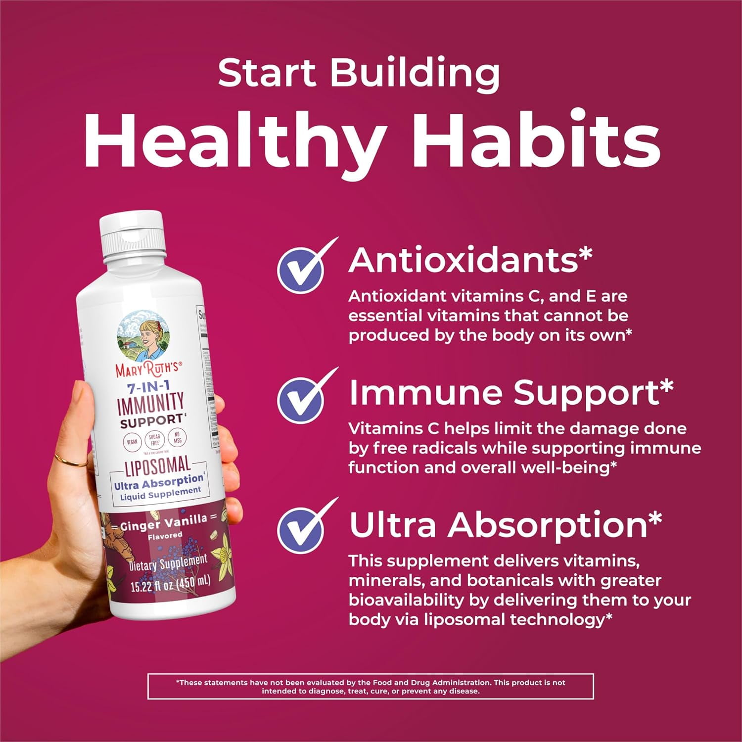 MARYRUTH'S IMMUNITY SUPPORT BLEND: VITAMIN C, D3, E, ZINC, ELDERBERRY, ECHINACEA, GINGER | 15.22 FL OZ