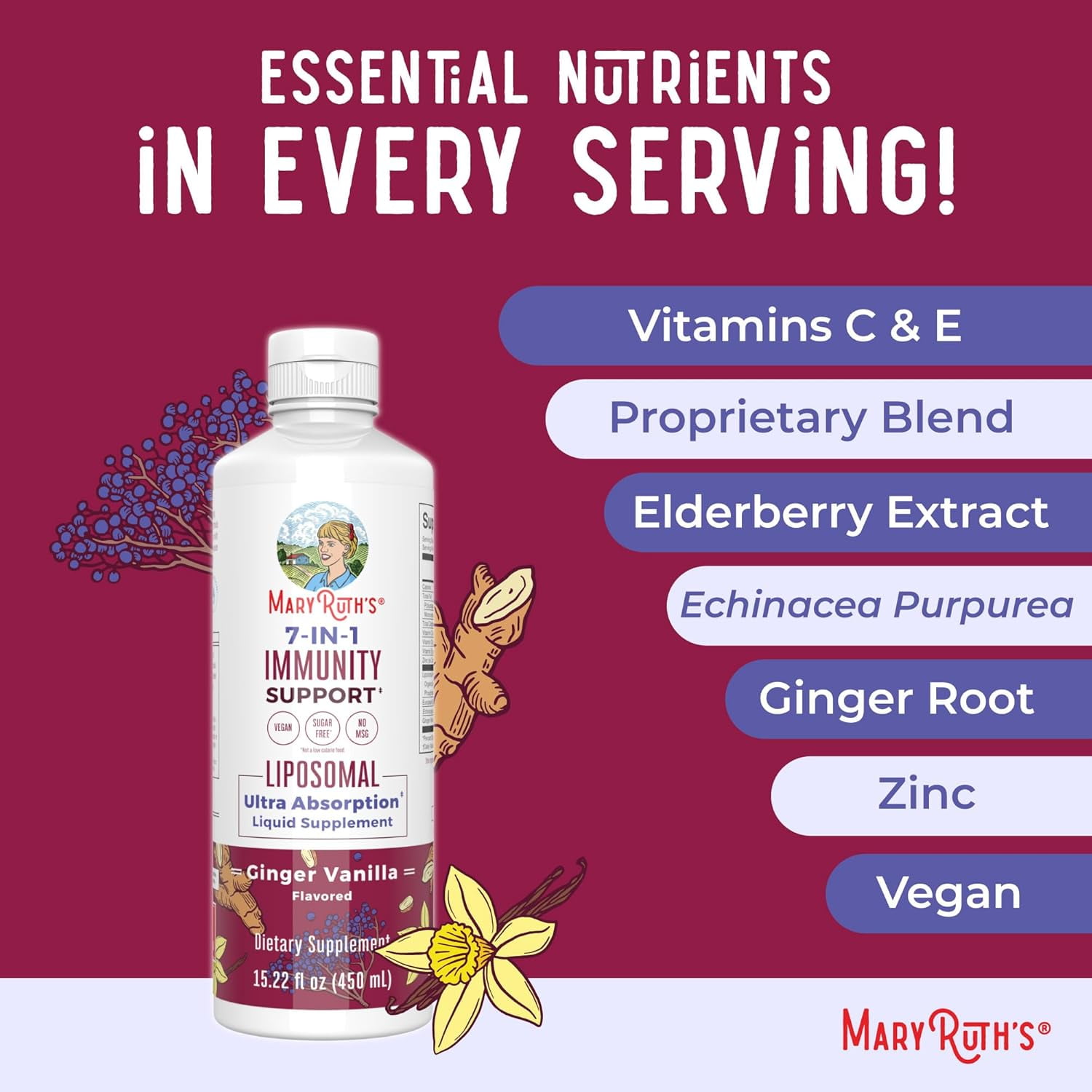 MARYRUTH'S IMMUNITY SUPPORT BLEND: VITAMIN C, D3, E, ZINC, ELDERBERRY, ECHINACEA, GINGER | 15.22 FL OZ