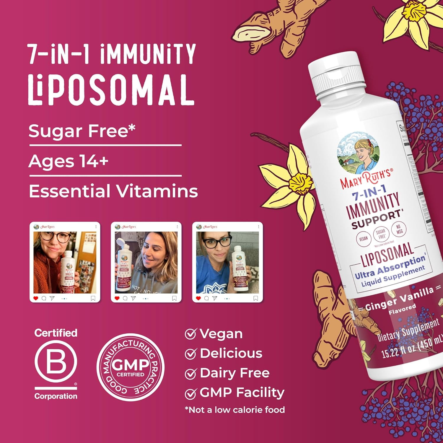 MARYRUTH'S IMMUNITY SUPPORT BLEND: VITAMIN C, D3, E, ZINC, ELDERBERRY, ECHINACEA, GINGER | 15.22 FL OZ