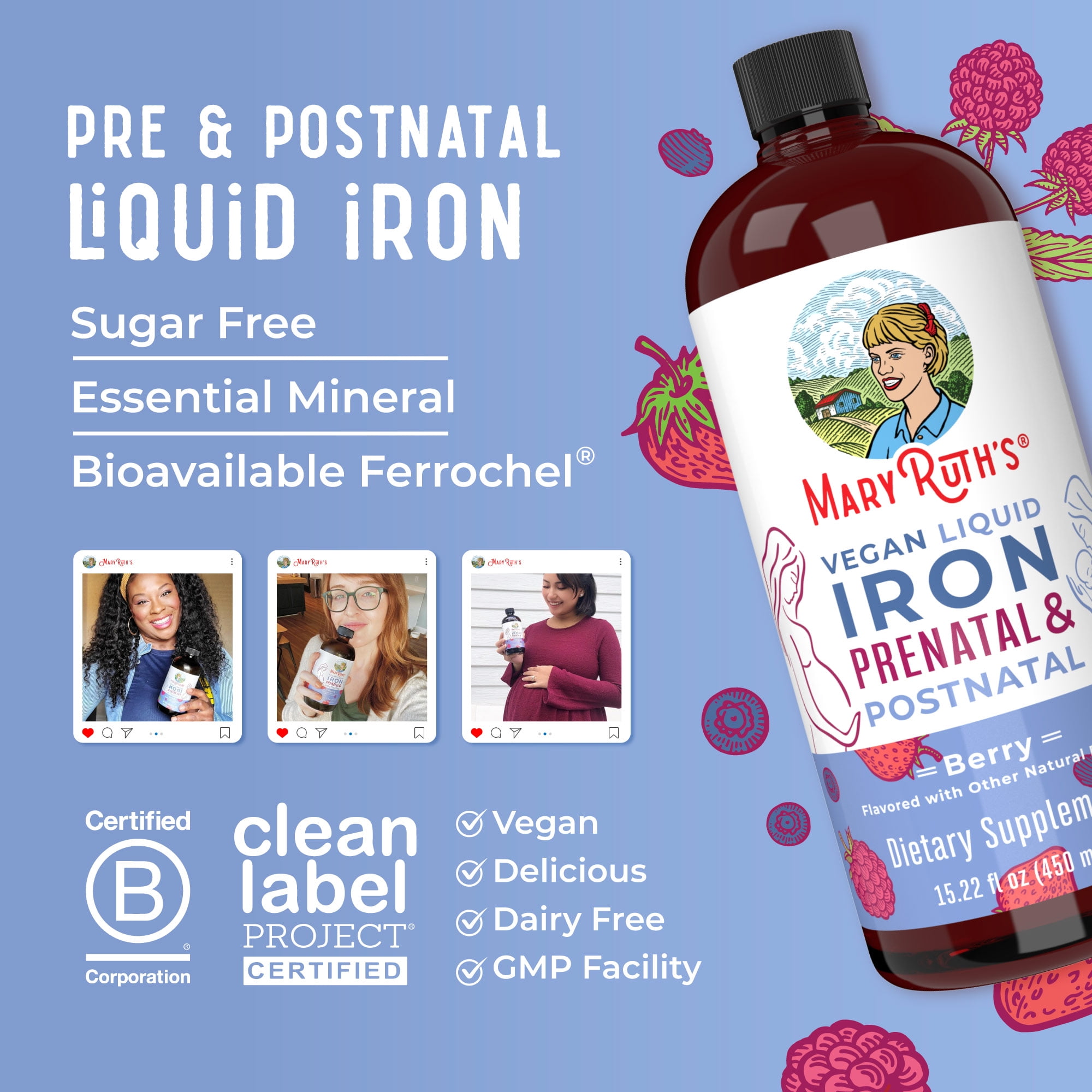 MARYRUTH'S BERRY PRENATAL POSTNATAL IRON LIQUID SUPPLEMENT - 15.22 OZ