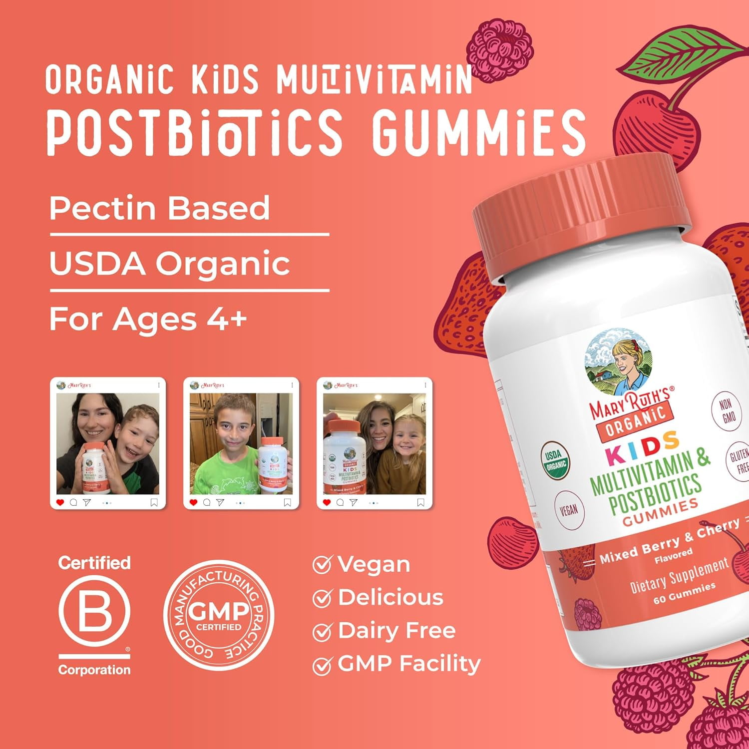 MARYRUTH'S KIDS MULTIVITAMIN GUMMIES - 60 COUNT WITH VITAMINS & POSTBIOTICS