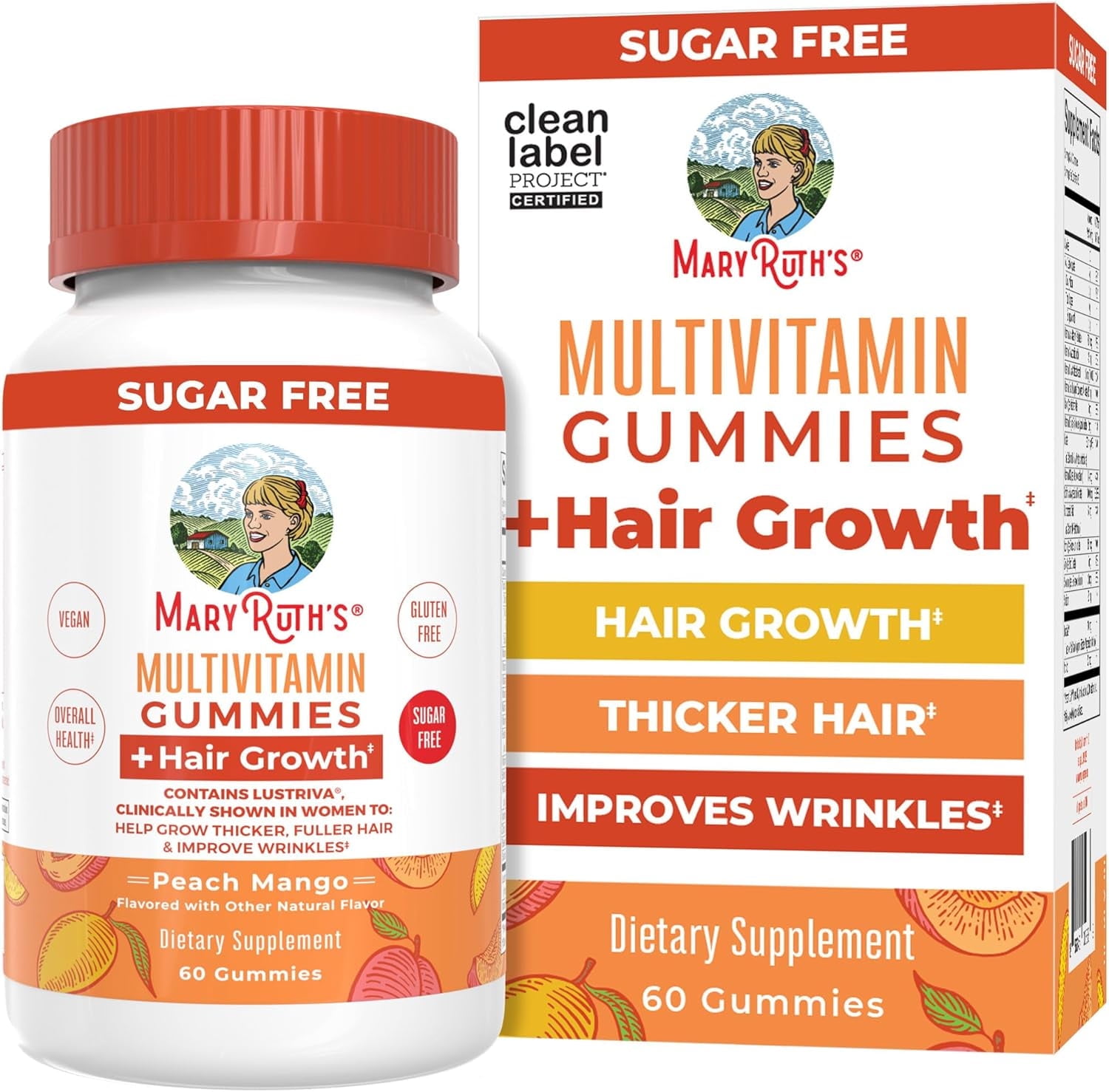 MARYRUTH'S MULTIVITAMIN & HAIR GROWTH GUMMIES, PEACH MANGO FLAVORED, 60 COUNT