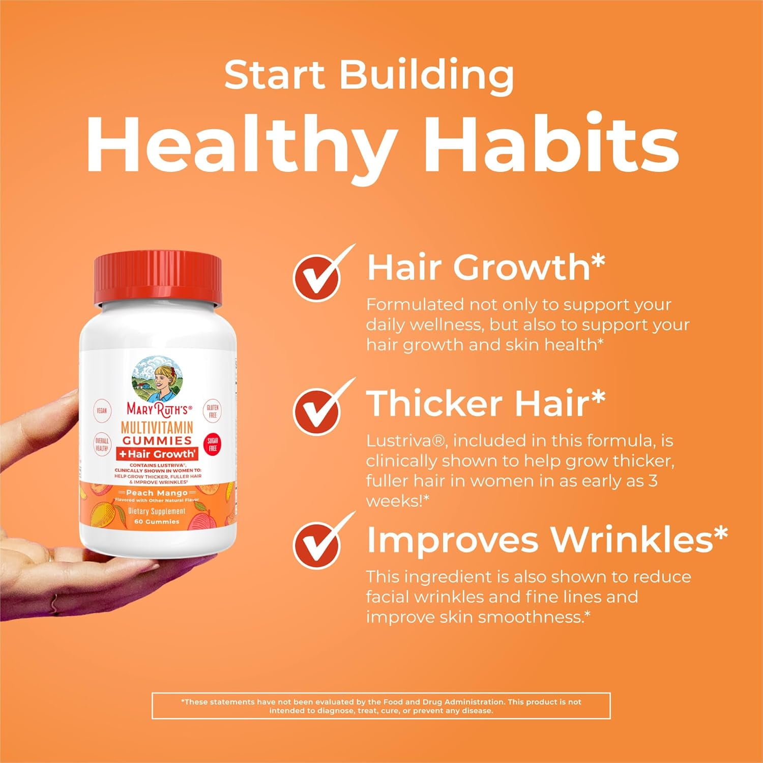 MARYRUTH'S MULTIVITAMIN & HAIR GROWTH GUMMIES, PEACH MANGO FLAVORED, 60 COUNT