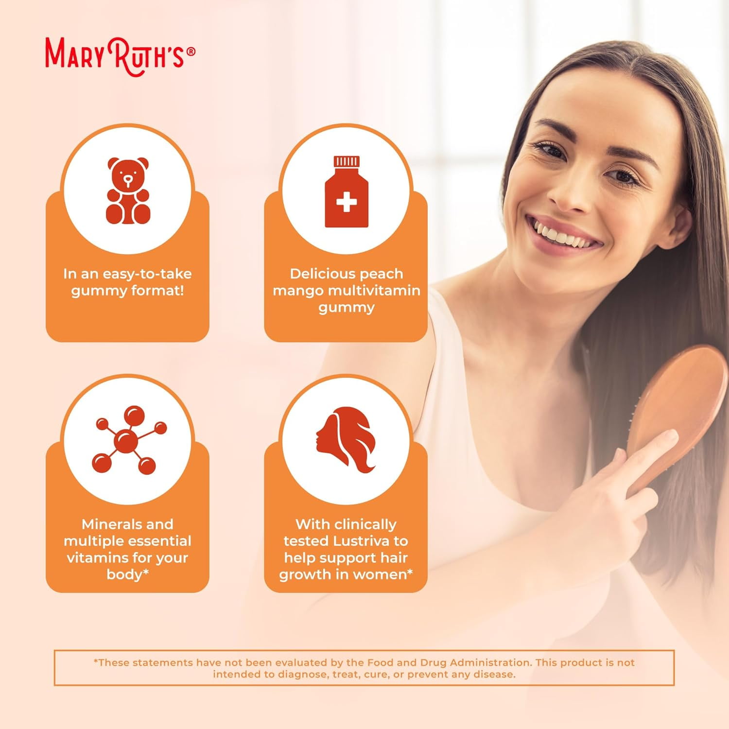 MARYRUTH'S MULTIVITAMIN & HAIR GROWTH GUMMIES, PEACH MANGO FLAVORED, 60 COUNT