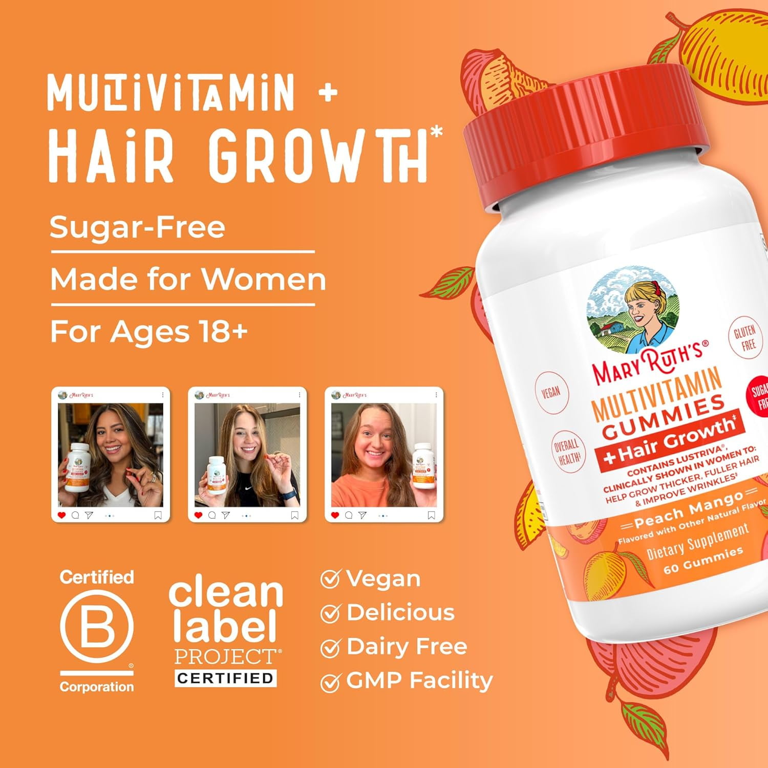 MARYRUTH'S MULTIVITAMIN & HAIR GROWTH GUMMIES, PEACH MANGO FLAVORED, 60 COUNT