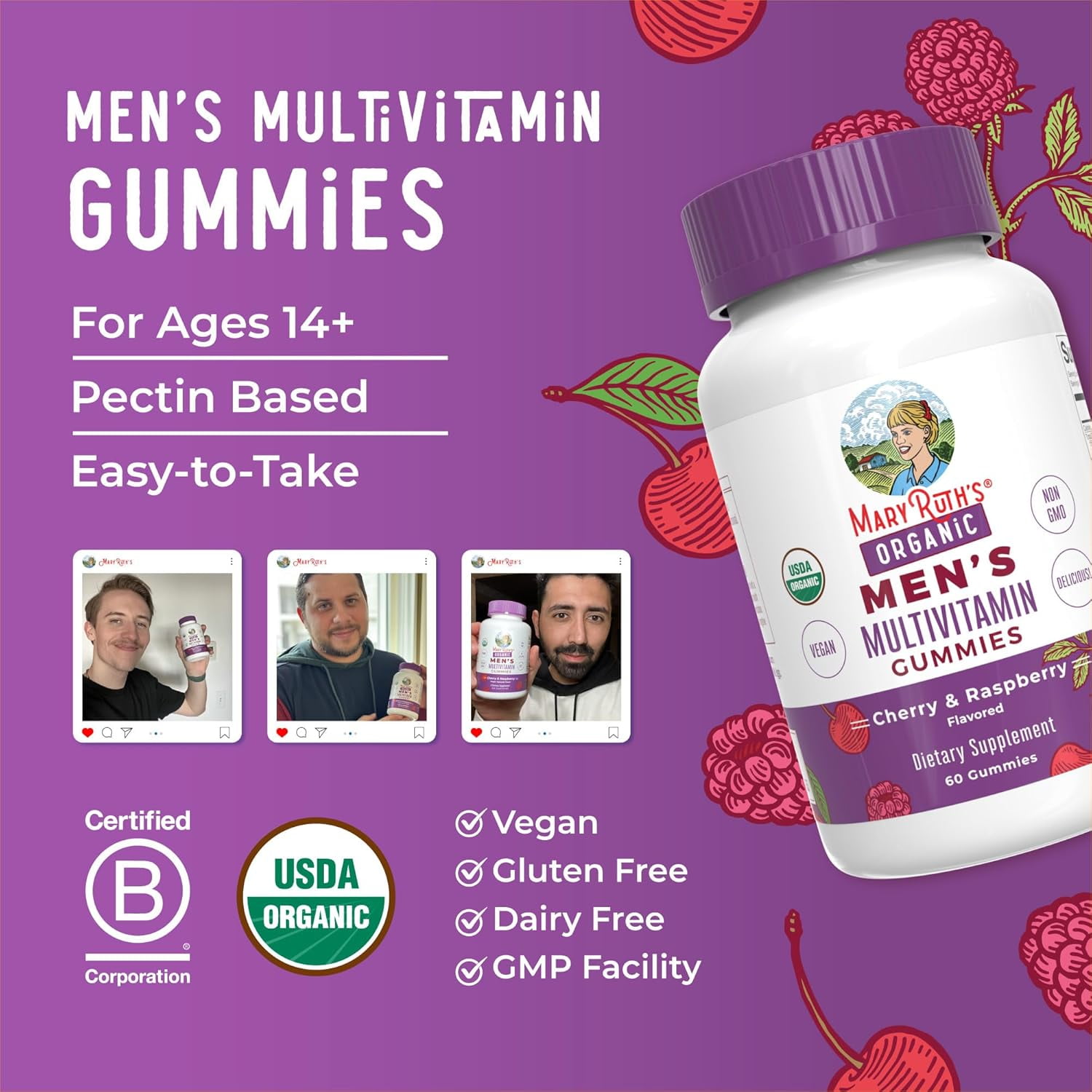 MARYRUTH MEN'S MULTIVITAMIN GUMMIES - CHERRY RASPBERRY, 60CT